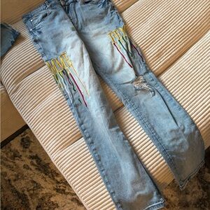 Homme femme Embroidered Distressed Jeans